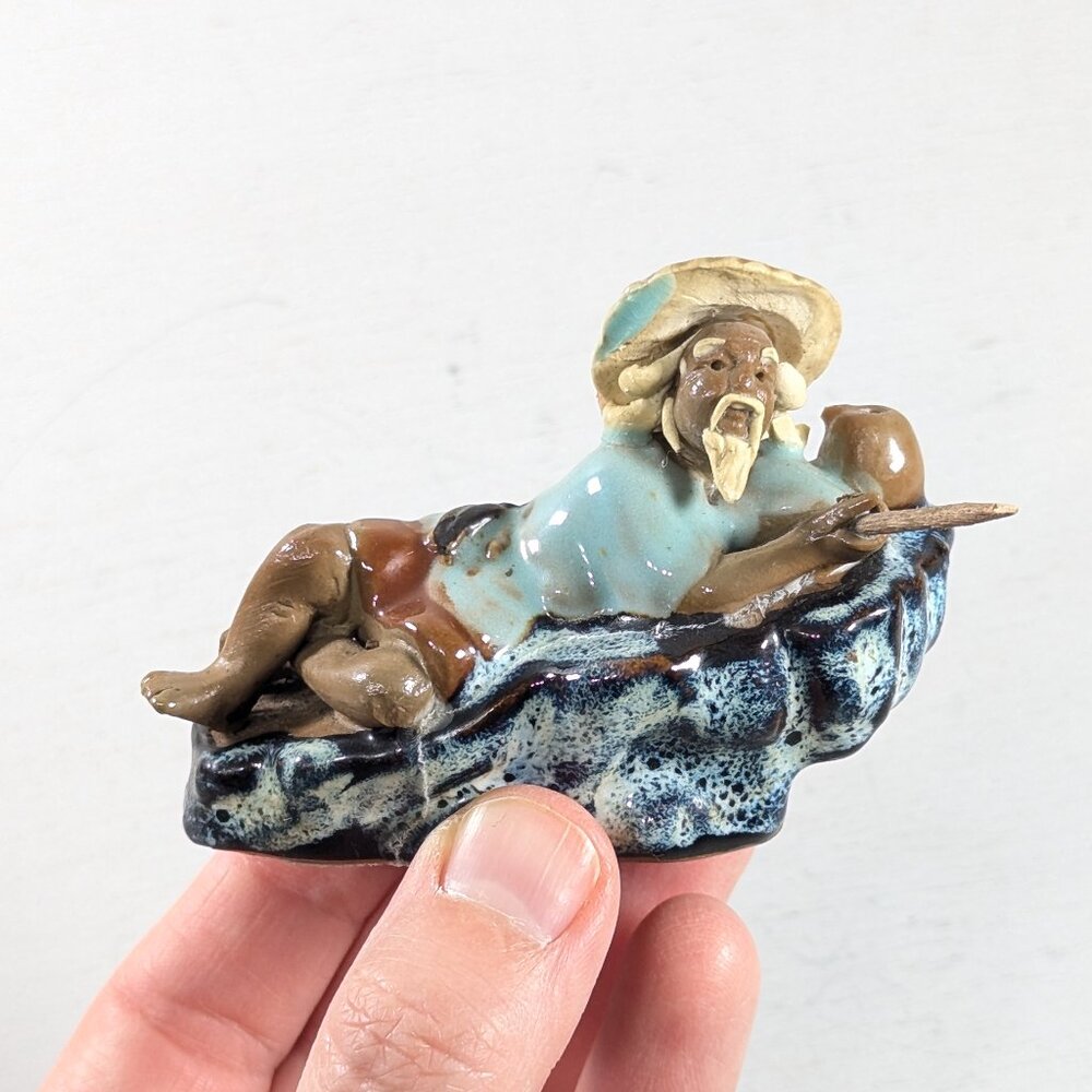 Miniature Shiwan Chinese Mudman Figurine Bonsai decor Fisherman reclining